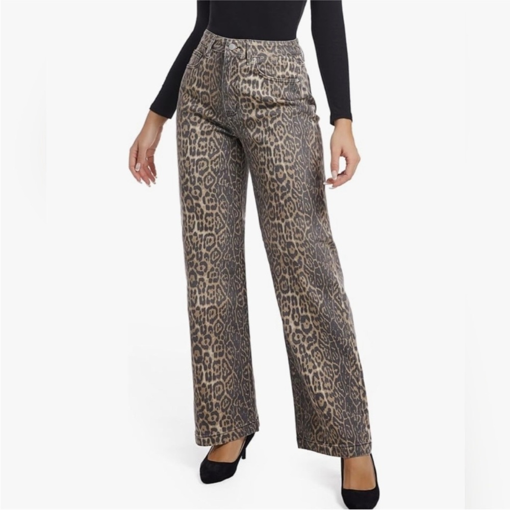 Ettelo Jeans Size 2 Leopard Print Wide Leg Denim High Rise Cotton Spandex